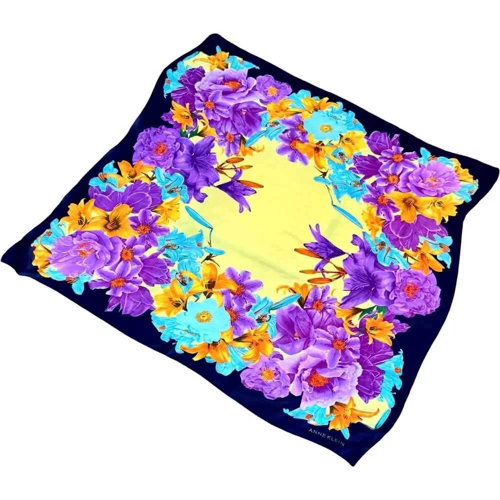 Vintage Anne Klein Silk Floral Scarf NWT 1990s Purple Gold Navy Square 34x34
